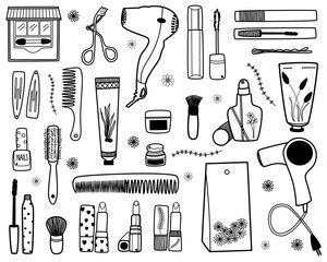 Hand drawn cosmetics, beauty and make up doodle set. Vector illustrations on white background design.