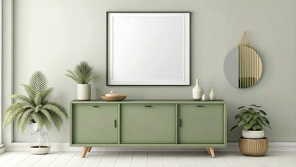 Modern interior design mockup of a green wall with cabinet and decoration in the living room, in the style of minimalist style