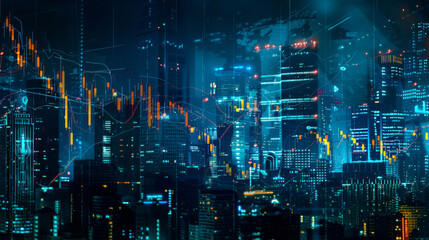 Financial graph on night city scape with tall buildings background multi exposure. Analysis concept. 