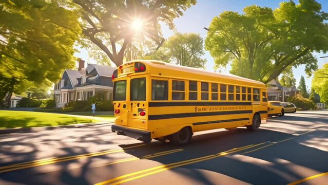 Big classic vintage american yellow schoolbus standing on a bus lane at highway and waiting pupils and children for school trip road. School bus transport on route bright morning time