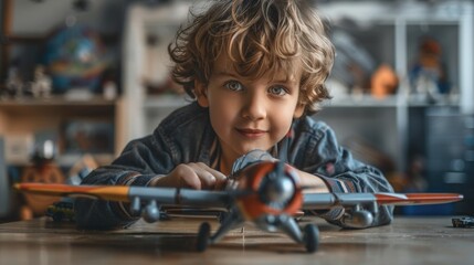 Young boy playing with a toy airplane, ideal for children's themes