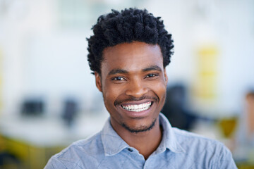 Business, creative and portrait of black man with smile, confidence and project manager at agency....