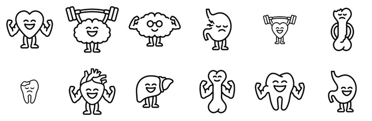 A Collection Of Internal Organs Characters Icons Collection Isolated Silhouette Solid Icons Including Character,Heart,Bone,Strong,Healthy Vector Icons Illustration Collection
