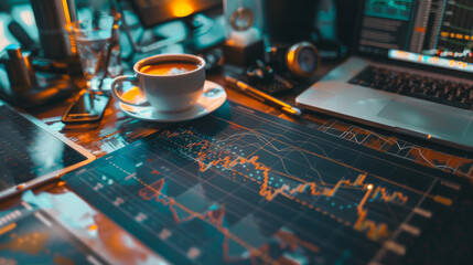 Multi exposure of forex graph drawing and desktop with coffee and items on table background. Concept of financial market trading 