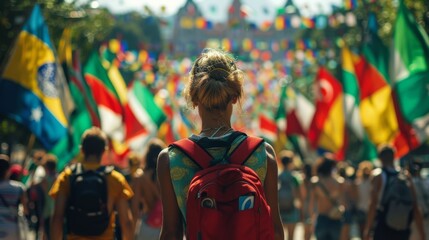 Fototapeta premium Group of People Walking Down Street With Flags