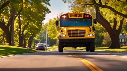 Big classic vintage american yellow schoolbus standing on a bus lane at highway and waiting pupils and children for school trip road. School bus transport on route bright morning time
