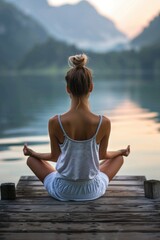 Woman practicing yoga on a dock, perfect for wellness and relaxation concepts