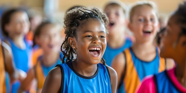 Enthusiastic kids wearing vibrant sports gear joyfully engaging in basketball game. Concept Sports Photography, Youth Athletes, Basketball Game, Vibrant Colors, Enthusiastic Expressions