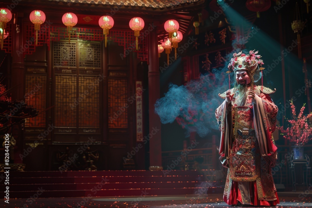 Poster A man dressed in a costume standing in front of a stage. Ideal for theater or performance concepts