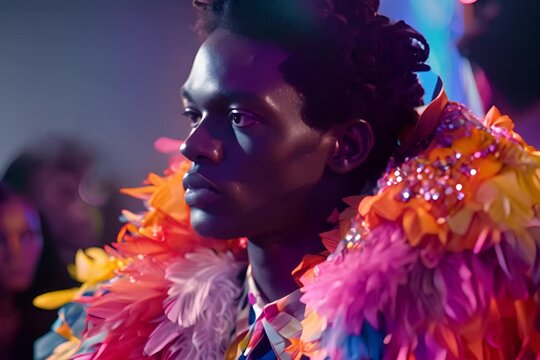 Fashion Show, New Collection Demonstration, Unusual Clothes, Bright Outfit, Uncomfortable but Interesting Clothes, Generative AI Illustration