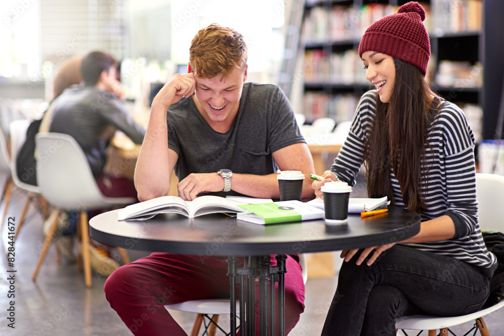 Poster students, friends and library with book at university for education, learning or teamwork on group p