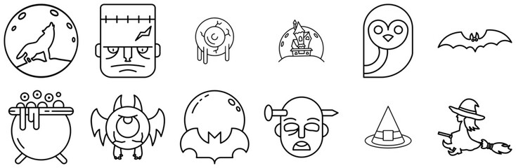 Set Of Linear Halloween Line Icons Silhouette Vector Logo Design Containing Horror,Night,Zombie,Scary,Halloween Set Vector Flat Line Icons
