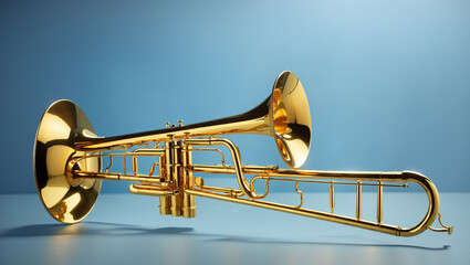 A gold trombone with its slide extended lies on a blue surface against a blue background.  