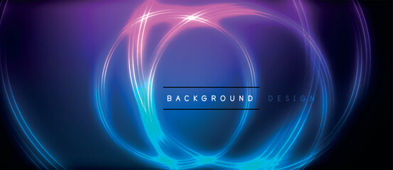 Neon glowing circle rays, light round lines in the dark, planet style neon wave lines. Energetic electric concept design for wallpaper, banner, background