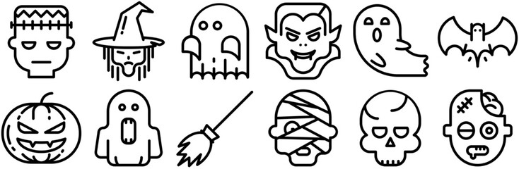 Set Of Halloween Line Vol Vector Symbols Apps, Websites Ui Designs Suitable For Halloween-Costume,Spooky,Creature,Haunted,Halloween Outline Icons Collection. Simple Vector Illustration