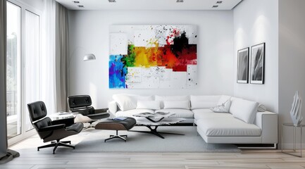 Minimalist living room with white walls, modern furniture, and abstract art providing a pop of color 