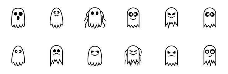 A Collection Of Ghosts Vector Symbols Apps, Websites Ui Designs Suitable For Face,Horror,Ghost,Halloween,Spooky Vector Icon Set Linear Pictogram Pack