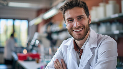 Obraz premium Smiling Male Scientist in Laboratory, Wearing Lab Coat, Scientific Research and Innovation