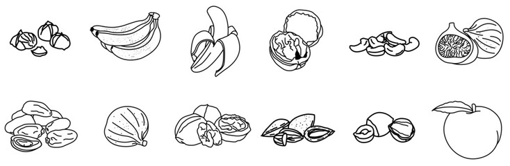 Set Of Fruits Icons Collection Isolated Silhouette Solid Icons Including Nut,Energy,Snack,Fresh,Fruit Vector Icons Illustration Collection