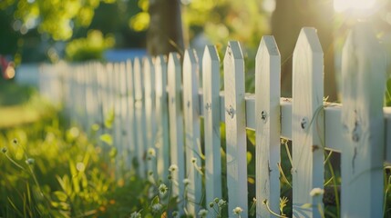 A peaceful scene of a white picket fence in a grassy field. Ideal for home and garden design concepts