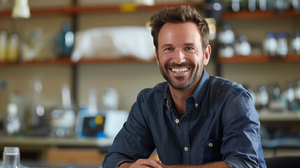 Fototapeta premium Smiling Male Scientist in Laboratory, Wearing Lab Coat, Scientific Research and Innovation