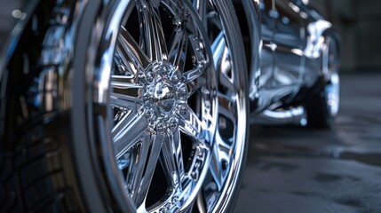Fototapeta premium Close up of a car tire on a street, suitable for automotive industry