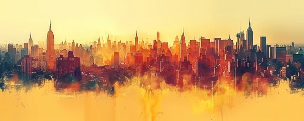 Obraz premium A city skyline with a yellowish tint. The buildings are tall and the sky is orange. The city appears to be in the evening