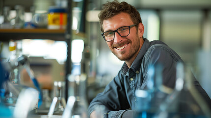 Fototapeta premium Smiling Male Scientist in Laboratory, Wearing Lab Coat, Scientific Research and Innovation