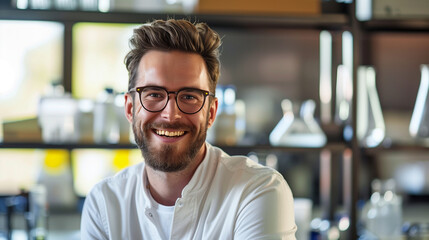 Obraz premium Smiling Male Scientist in Laboratory, Wearing Lab Coat, Scientific Research and Innovation