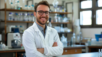 Fototapeta premium Smiling Male Scientist in Laboratory, Wearing Lab Coat, Scientific Research and Innovation