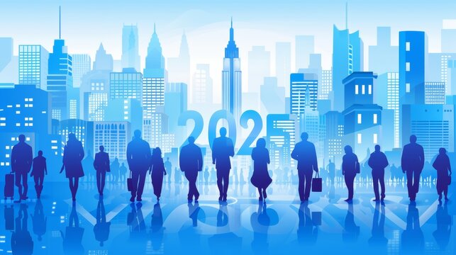 A blue cityscape with a large number of people walking on the street. The year is 2022