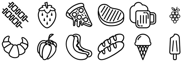 Set Of Linear Food And Drink At Party Isolated Silhouette Solid Icons With Drink,Meat,Food,Bread,Grill-Meat Pictograms And Infographics Design Elements Vector Illustration