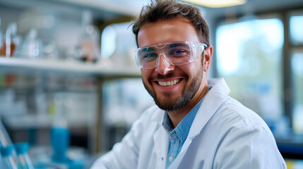Smiling Male Scientist in Laboratory, Wearing Lab Coat, Scientific Research and Innovation