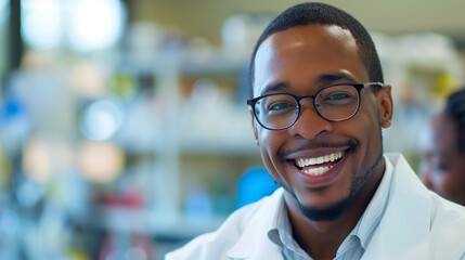 Obraz premium Smiling Male Scientist in Laboratory, Wearing Lab Coat, Scientific Research and Innovation