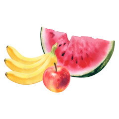 Watermelon banana and apple. A set of fruits. Watercolor botanical hand-painted illustration. Juicy tropical fruits for the decor of the summer bar.