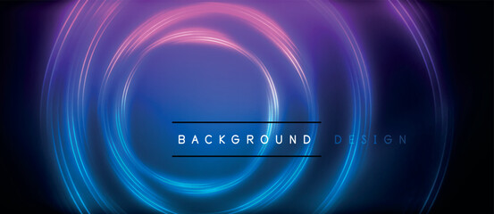 Neon glowing circle rays, light round lines in the dark, planet style neon wave lines. Energetic electric concept design for wallpaper, banner, background