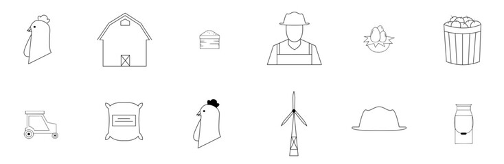Set Of Farm Icons Web Header Banner Design Containing Container,Chicken,Farm,Straw-Hat,Soil Simple Black Style Symbol Sign For Apps And Website, Vector Illustration