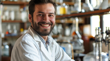 Fototapeta premium Smiling Male Scientist in Laboratory, Wearing Lab Coat, Scientific Research and Innovation