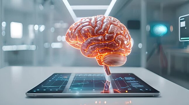 Tablet yang menampilkan otak 3D holografik emas