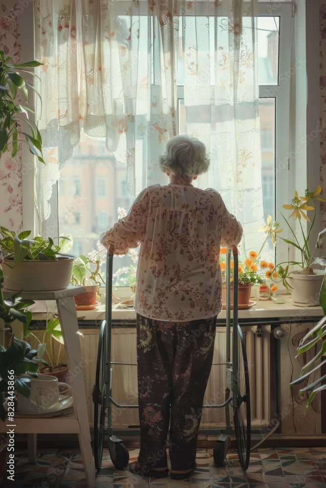 Poster elderly woman standing in front of a window, suitable for various concepts and designs