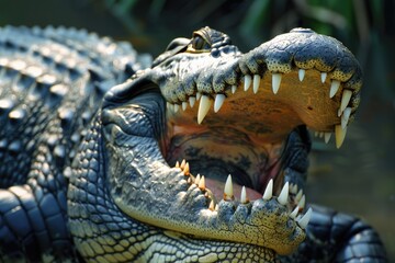 Obraz premium Close up of a crocodile showing its teeth, suitable for wildlife themes