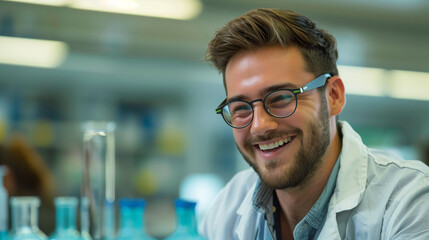 Smiling Male Scientist in Laboratory, Wearing Lab Coat, Scientific Research and Innovation