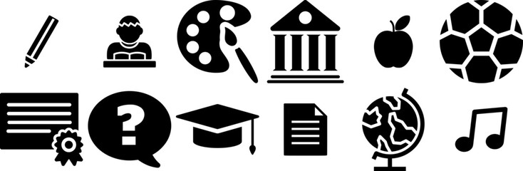 A Collection Of Education Solid Icons Icons Web Header Banner Design Containing Map,History,Globe,School,Ask Business Infographic Elements Logo Vector Illustration