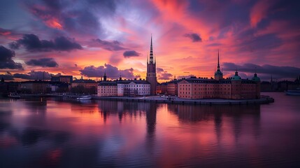 Sunset over Riddarholmen church in old town Stockholm city, Swed
dusk, horizontal, photography, waterfront, tower, sweden, travel destinations, capital cities, church, famous place, old town, stockhol