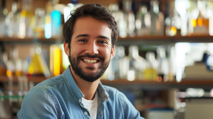 Fototapeta premium Smiling Male Scientist in Laboratory, Wearing Lab Coat, Scientific Research and Innovation