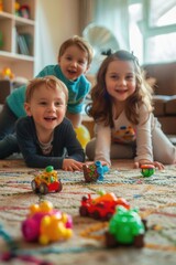 Fototapeta premium Children happily playing with toys. Ideal for educational and lifestyle concepts