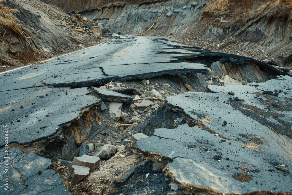 Poster a significant crack in the side of a road, suitable for infrastructure or construction concepts