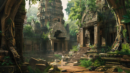  Ruins of an ancient temple covered in vines and surrounded by trees.