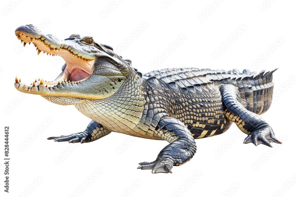 Poster an alligator with its mouth wide open. suitable for wildlife and nature themes
