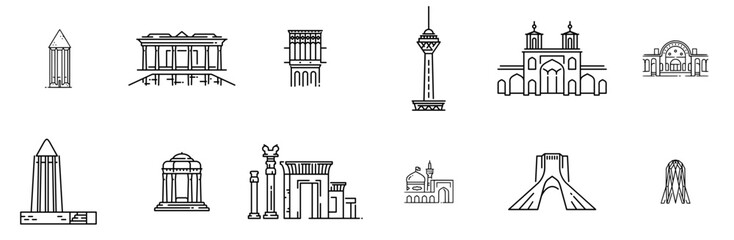 Set Of Linear Dont Go To Iran Vector Symbols Apps, Websites Ui Designs Suitable For Tourism,Building,Iran,Shiraz,Travel Vector Icons Illustration Collection